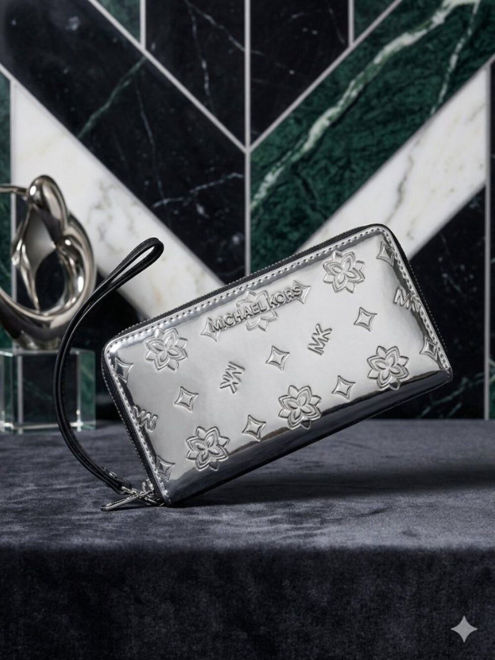 Michael Kors Silver Metallic Embossed Wristlet Wallet